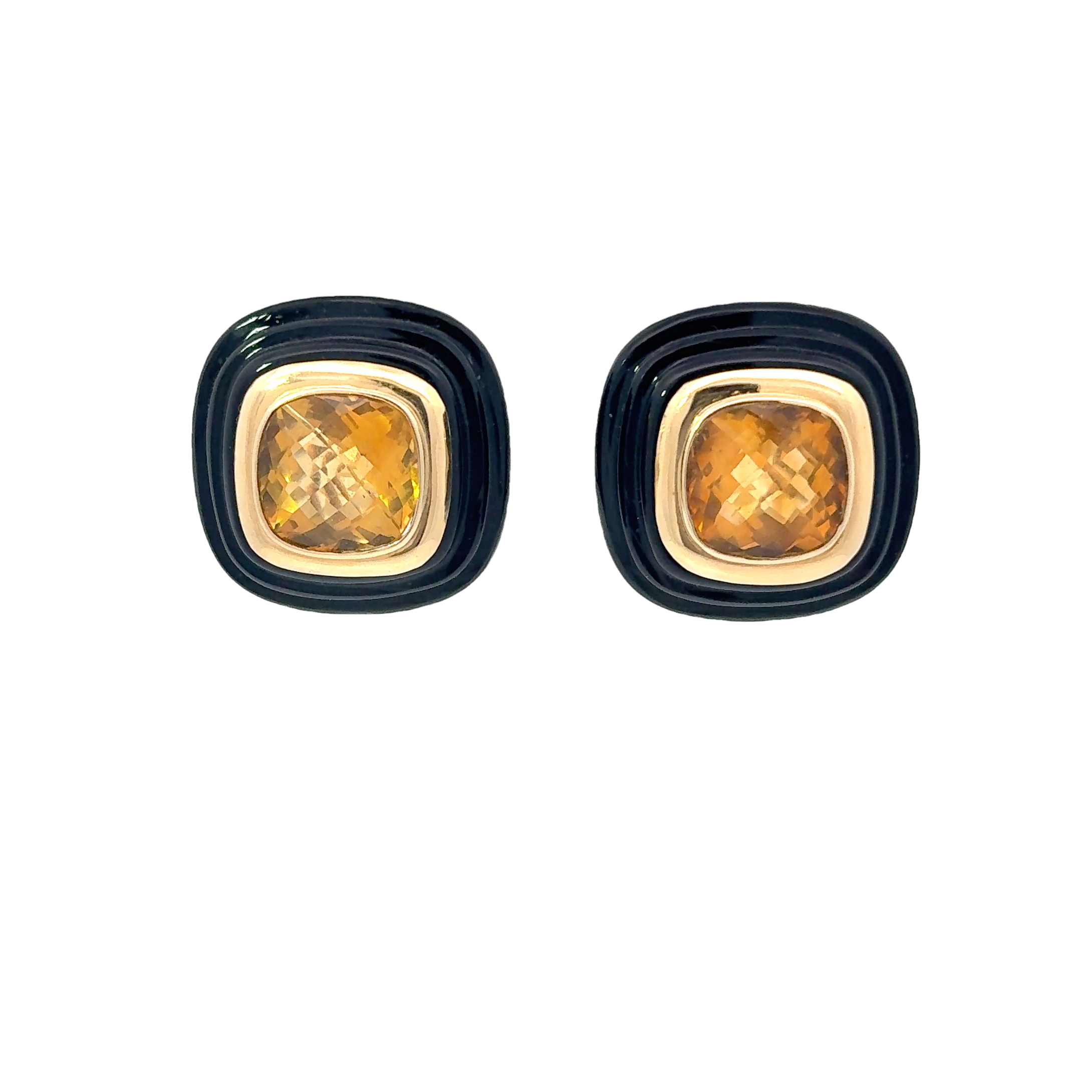 VINTAGE 14KT GOLD CITRINE & ONYX SQUARE EARRINGS