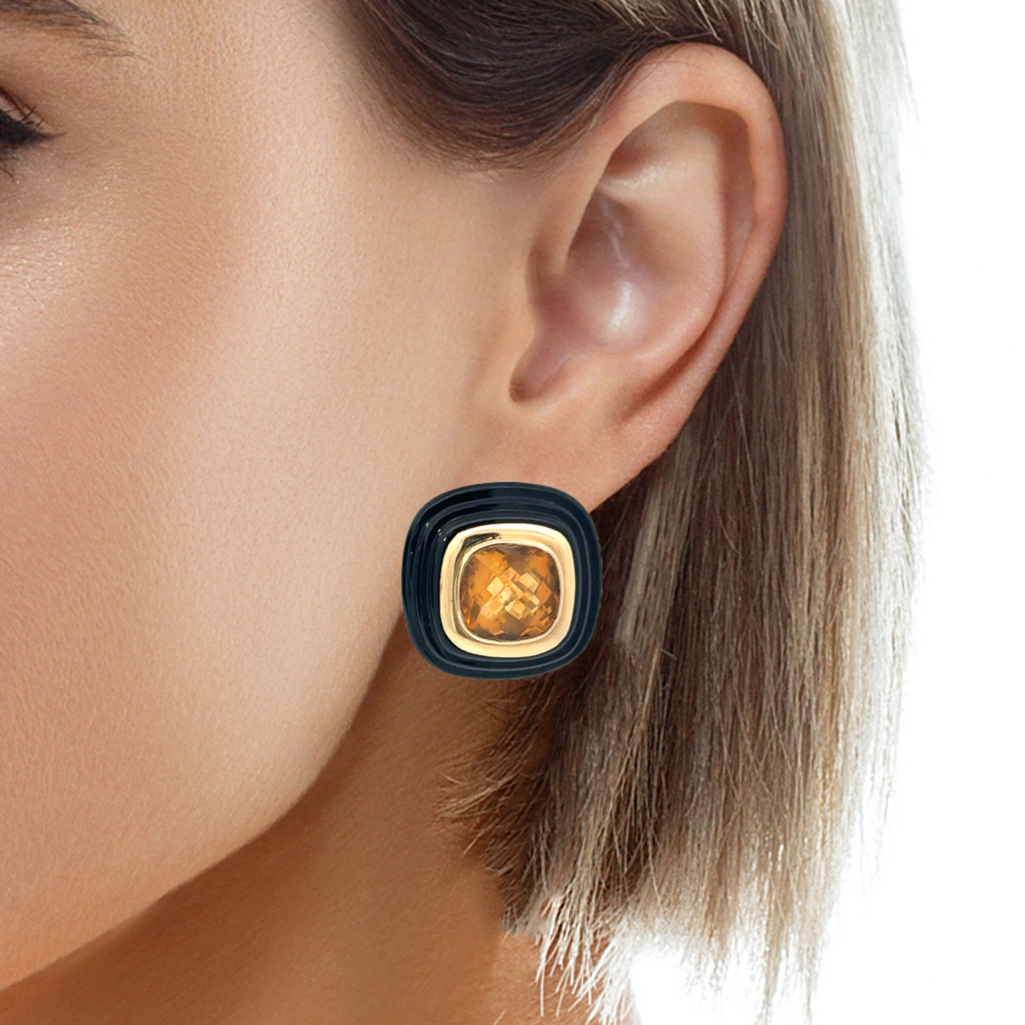 VINTAGE 14KT GOLD CITRINE & ONYX SQUARE EARRINGS