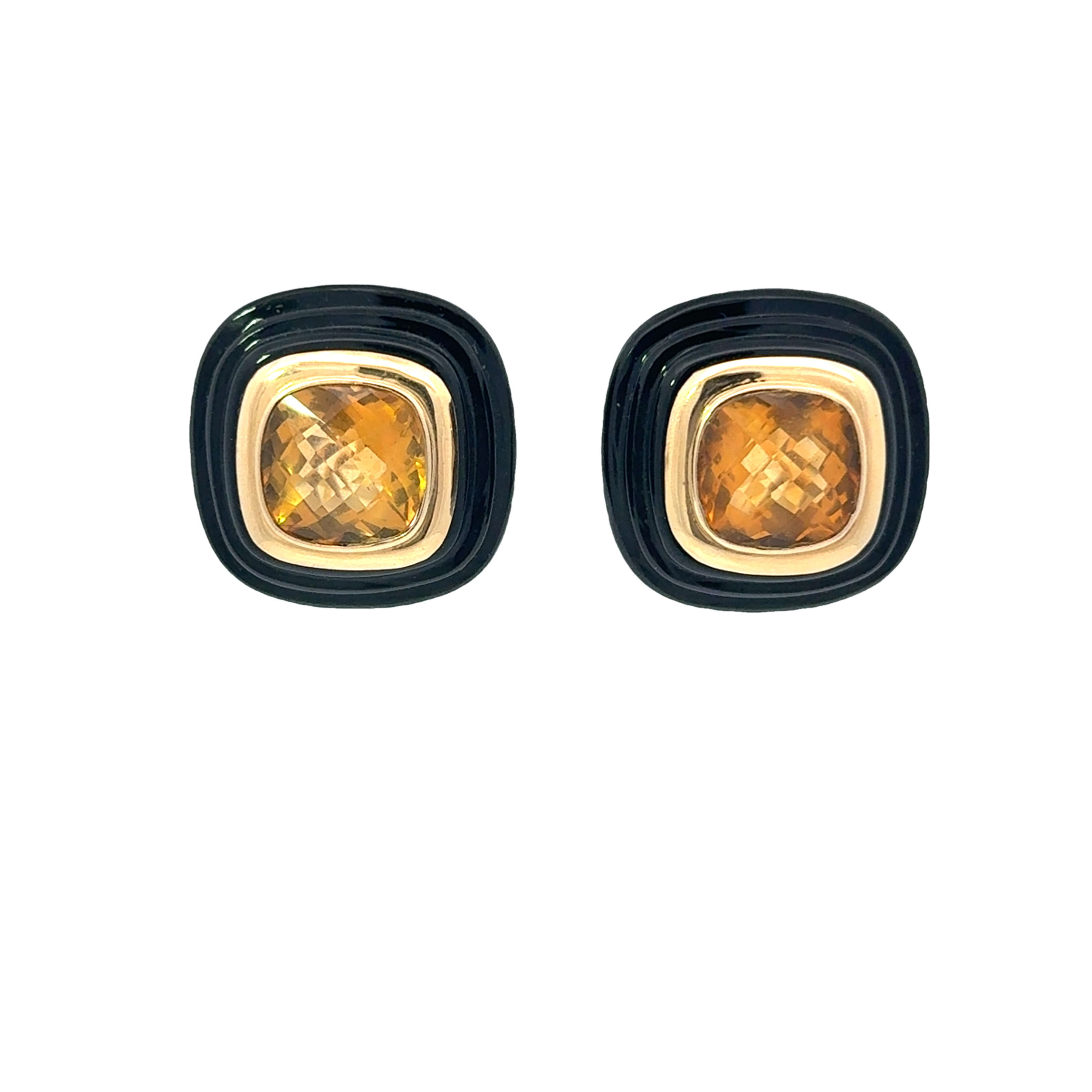 VINTAGE 14KT GOLD CITRINE & ONYX SQUARE EARRINGS