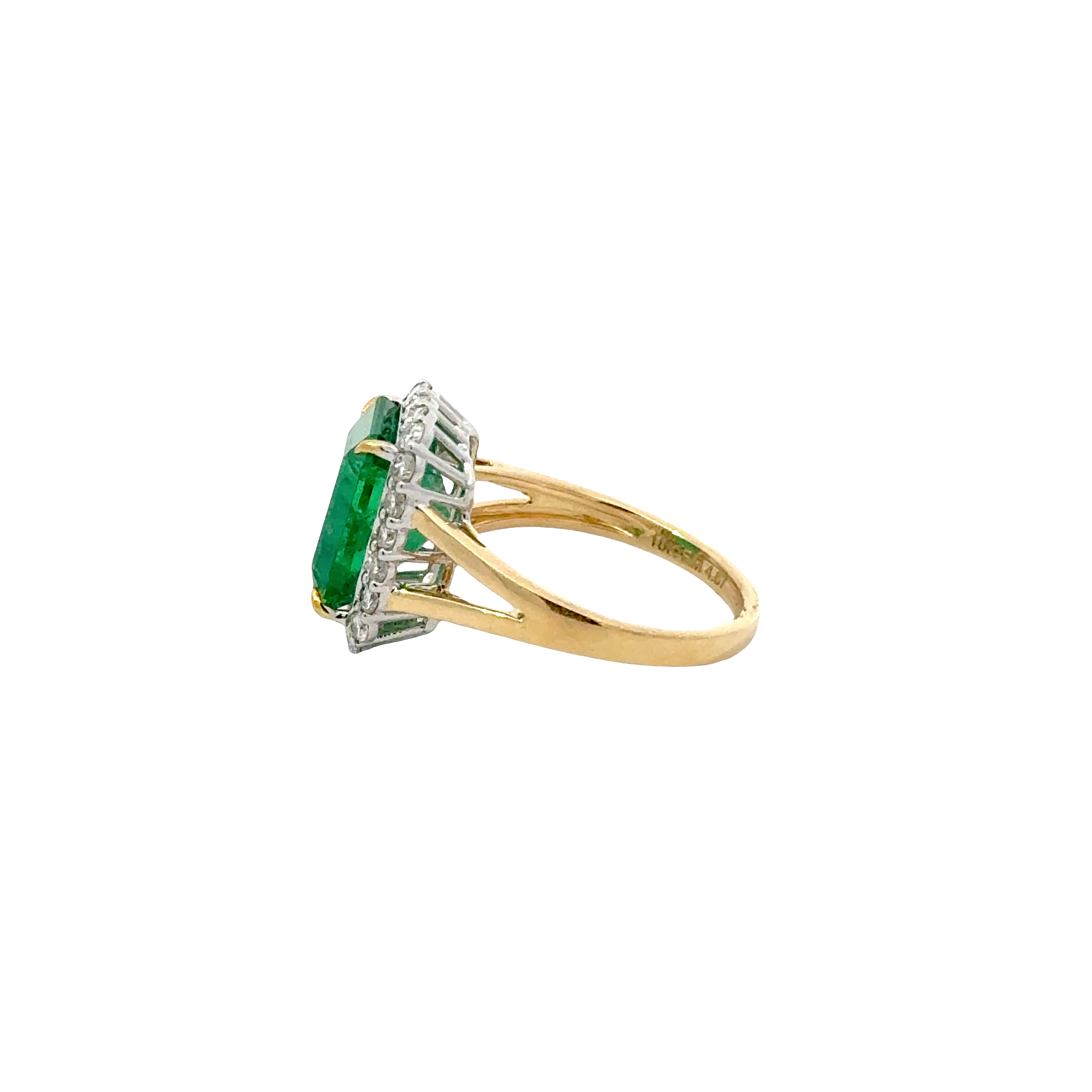 18 KARAT EMERALD AND DIAMOND HALO RING