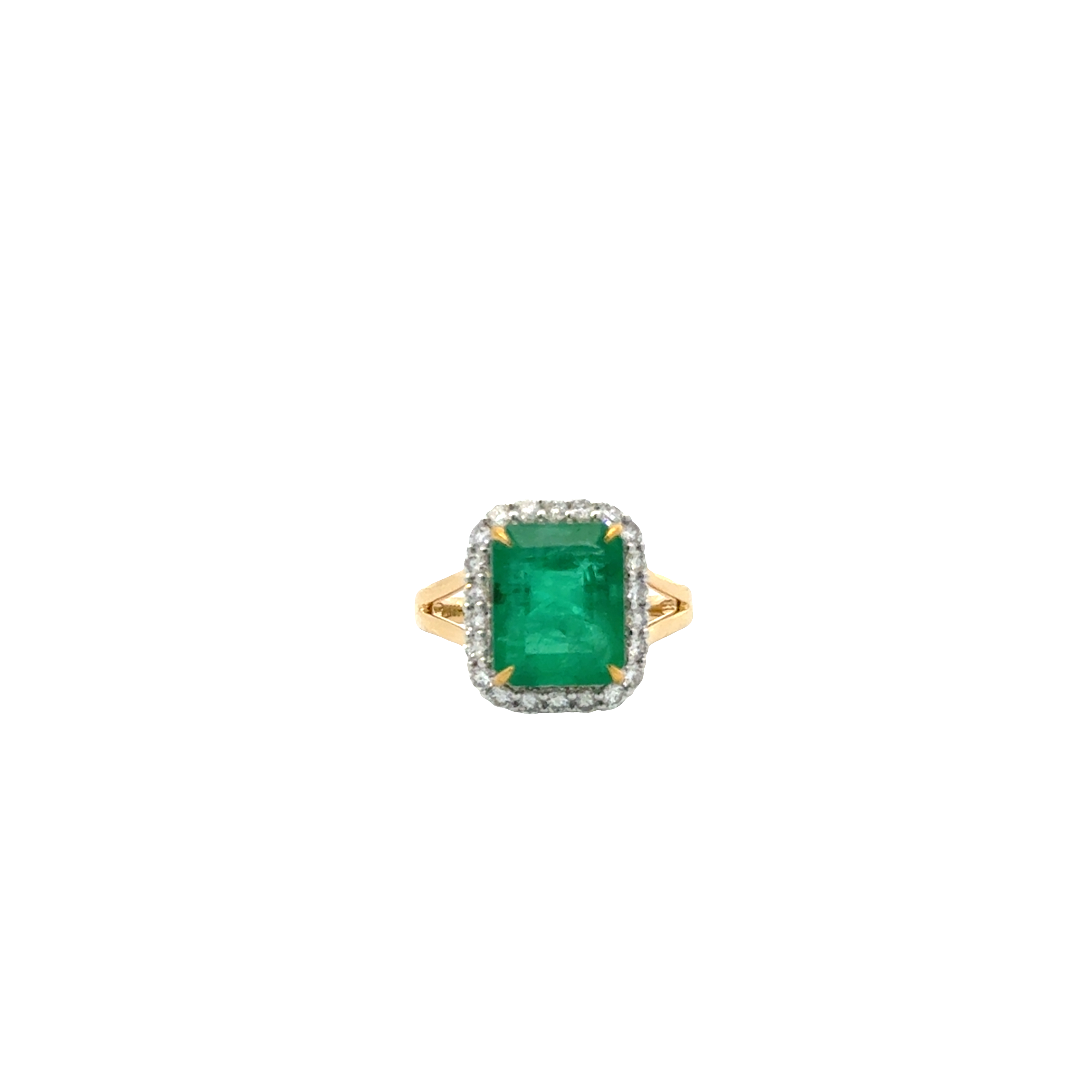 18 KARAT EMERALD AND DIAMOND HALO RING