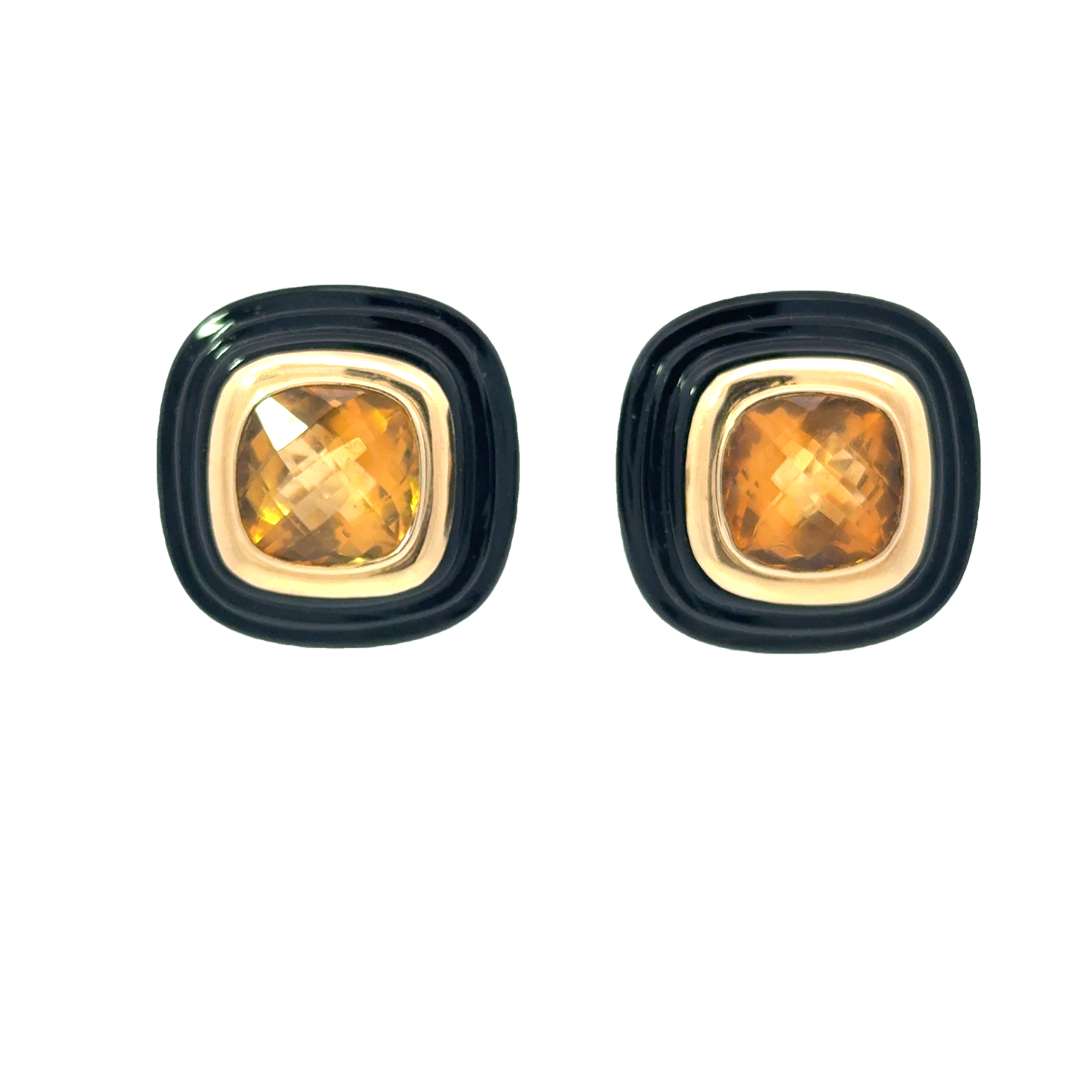 VINTAGE 14KT GOLD CITRINE & ONYX SQUARE EARRINGS