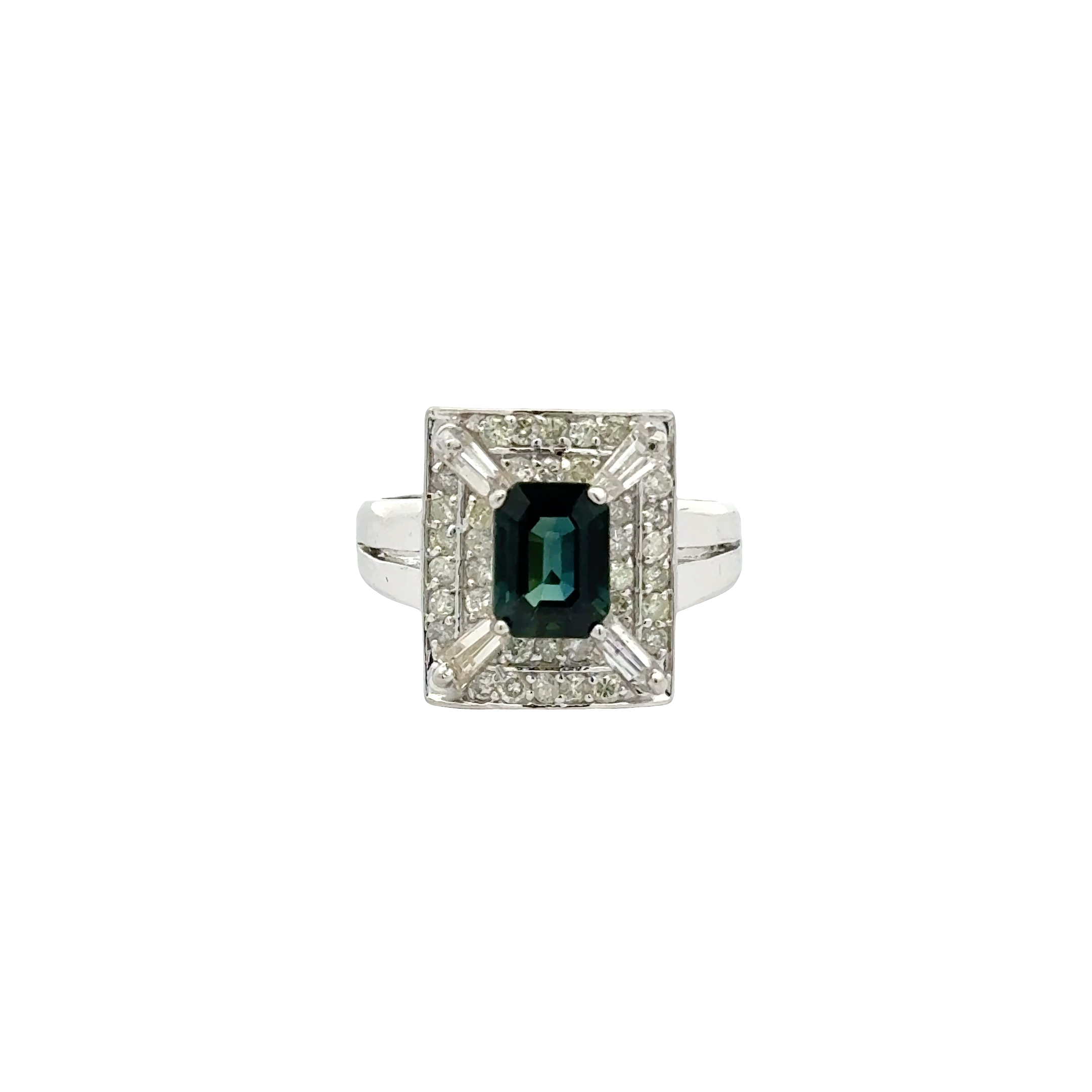 VINTAGE 14 KARAT WHITE GOLD SAPPHIRE AND DIAMOND RING
